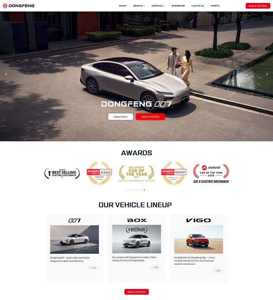 Dongfeng 007 homepage with Explore More and Book A Test Drive calls-to-action