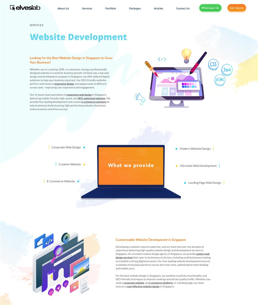 Elves Lab Website Development page with structured service content and imagery