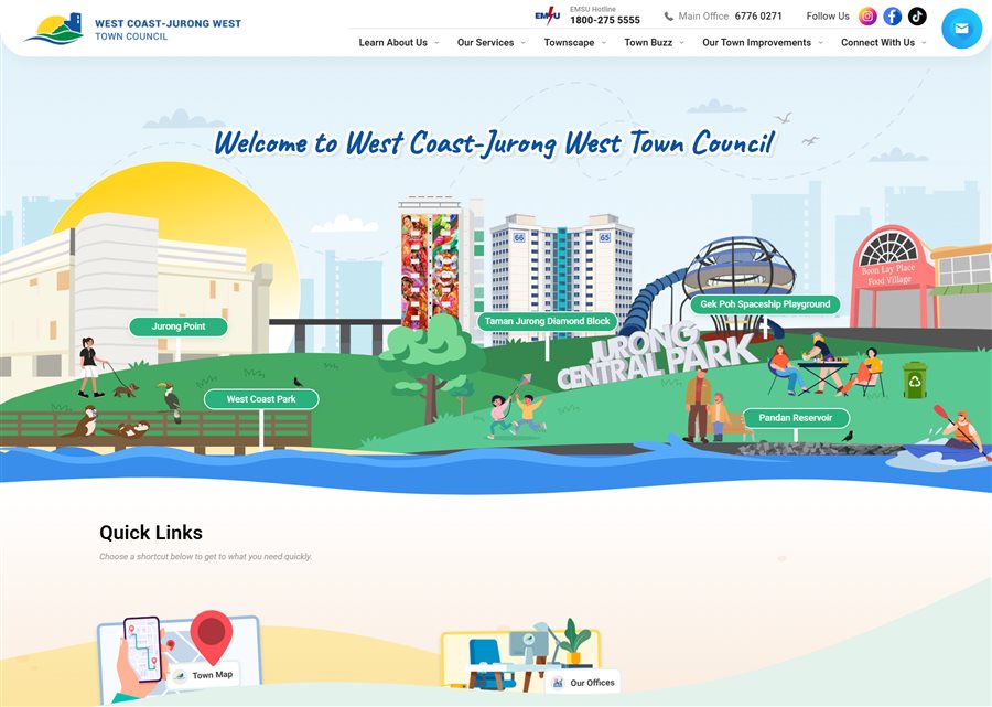 West Coast-Jurong West Town Council homepage with services, contact information and quick links