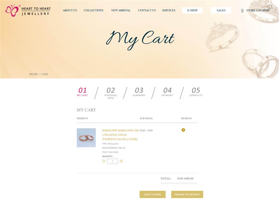 Heart to Heart Jewellery cart with five-stage ecommerce checkout process