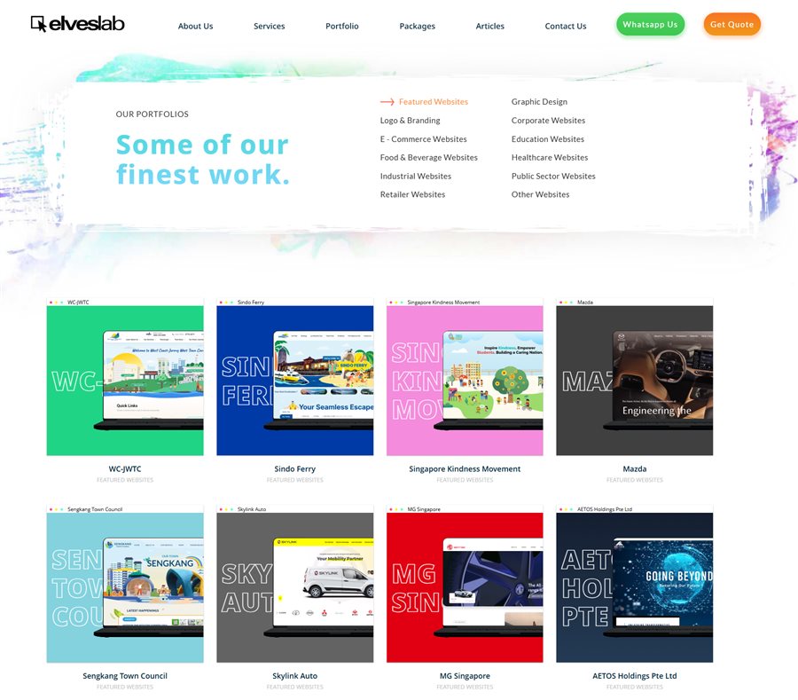 Elves Lab website portfolio showing completed projects across multiple industries