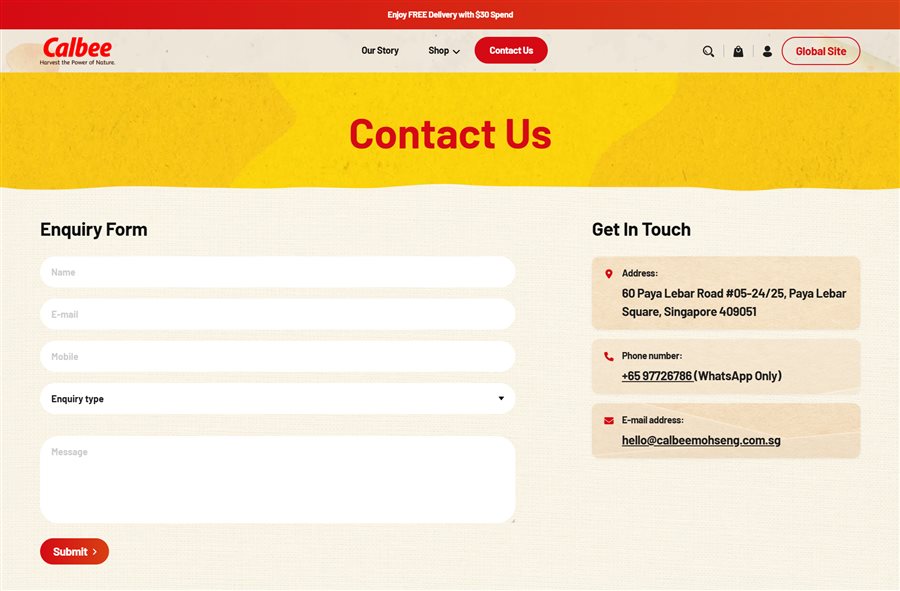 Calbee Contact Us Page