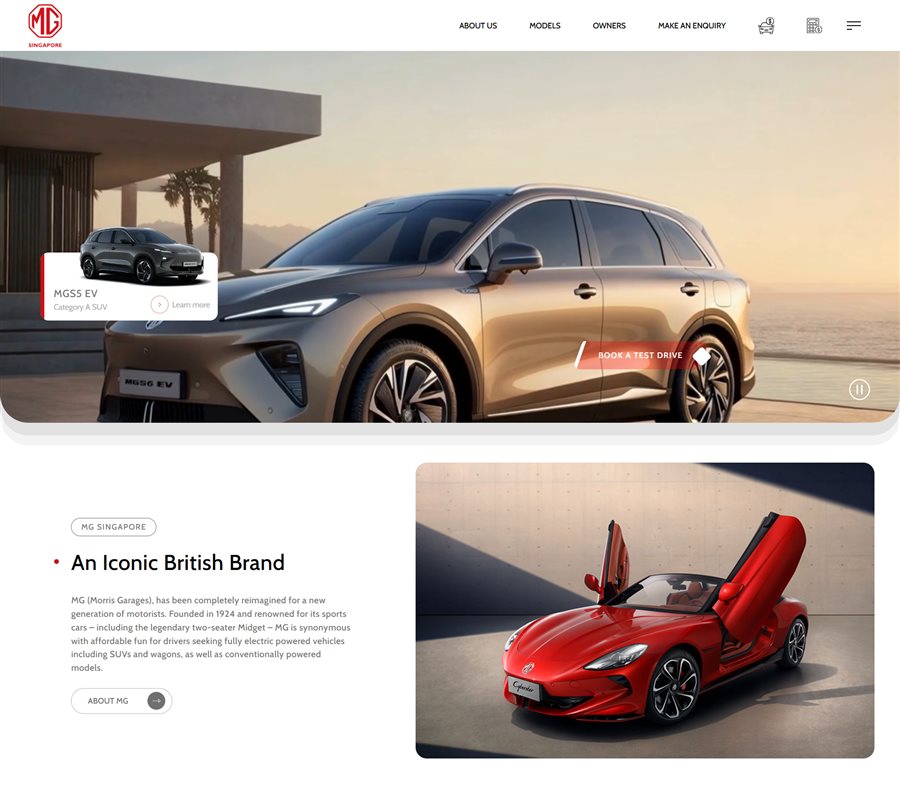 MG Singapore homepage with vehicle imagery, clear navigation and Book a Test Drive call-to-action